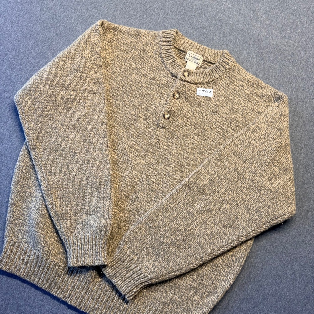 LL Bean Mens Lambswool Henley Sweater Large Oatmeal Heather Marl Knit 0WW16